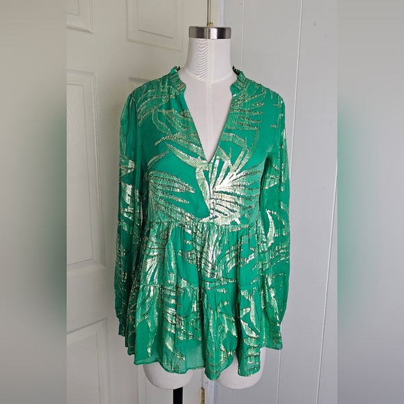 Lilly Pulitzer Sarita Silk Top Botanical Green Palm Leaf Silk Clip Chiffon SZ 4 - Picture 3 of 8